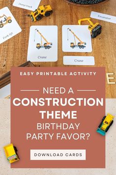 construction theme birthday party favor of 3 part montessori cards to print and give as treats Construction Theme Party Favors, Construction Theme Birthday Party, Party Favor Ideas, Birthday Look, Construction Theme Party, Printable Flashcards, Unique Party Favors