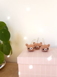 two little teddy bears sitting on top of a pink box next to a potted plant