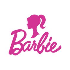 the word barbie written in pink on a white background with a silhouette of a woman's head