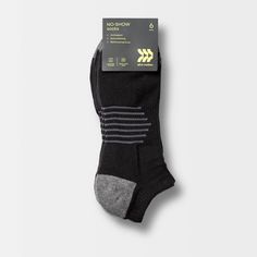 Why we're ALL IN: Designed for workouts, long commutes and everyday wear, these no-show socks are made from a soft cotton and recycled polyester blend with added spandex for cool comfort and flexible movement. The pack includes 6 pairs of tagless socks in a solid color with contrasting stripes on the arches. The no-show design allows for confident wear with shoes of all types. All in Motion™: Made for every move, priced for every day. Functional Slip-resistant Gym Socks, Sporty Anti-odor Midweight Socks, Sporty Midweight Anti-odor Socks, Breathable Sporty Socks, Sporty Midweight Breathable Socks, Sporty Black Go-dry Socks, Fade-resistant Stretch Socks, Functional No-show Running Socks, Black Go-dry Sporty Socks