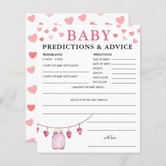 a pink baby shower game with hearts on it and the words, baby predictions & advice