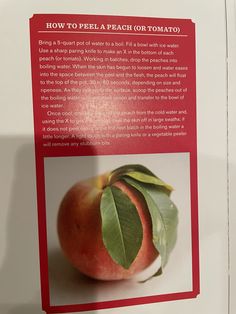 a sign describing how to peel a peach or tomato with information about the fruit and its leaves