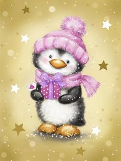 a painting of a penguin wearing a pink hat and scarf with stars on the background