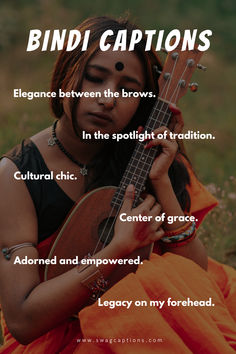 a woman sitting on the ground playing a guitar with captioning below that reads, blind captions elegance between the browss in the spotlight of tradition cultural chic