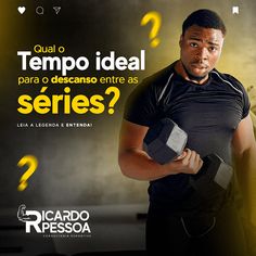 a man in black shirt holding an object with question marks on it and the words, que tempo ideal para o descanso entre series?