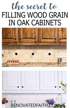 kitchen cabinets with the words how to fill wood grain in oak cabinets