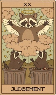 a tarot card with a raccoon sitting on top of two trash cans