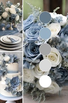 blue and white wedding decor with flowers