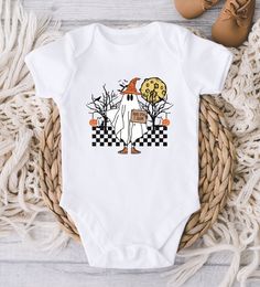 ** Quick Sizing Tip ** Baby ONESIES® Brand Bodysuits tend to run very small so we recommend sizing up for a better fit and to give baby longer wear time because they grow so fast. Toddler shirts are true to size. 📋 HOW TO ORDER: ✧ Choose Baby ONESIES® Brand Bodysuit or shirt size (sizing chart below) and sleeve length ✧ Select design color if applicable ✧ For personalized designs - enter customization in "Add your personalization" field ✧ ADD TO CART ✧ Select from our shipping class options (al White Onesie With Character Print For Playtime, White Short Sleeve Onesie With Character Print, Playful Halloween Onesie With Cartoon Print, Halloween Cotton Onesie For Playtime, Halloween Playtime Cotton Onesie, Cute White Halloween Onesie, Cute White Bodysuit For Halloween, Halloween Baby Gift, Halloween Baby