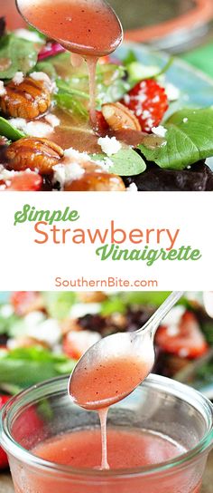 a spoon full of strawberry syrup being poured into a bowl with salad in the background