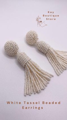 White Pearls Seed Beads Oscar De La Renta Style Earrings, Tassel Stud Earrings, Wedding destination earrings, Bride Beaded Earrings, Beach wedding jewelry #statementearrings #trendyearrings #Longwhiteearrings #fringeearrings #weddingjewelry Stud Earrings Wedding, Earrings Bride, Beach Wedding Jewelry, Earrings Beach, Ivory Earrings, Beaded Tassel Earrings, White Tassel, Wedding Destination, Trendy Earrings