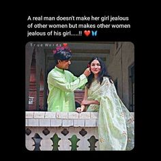 a man and woman standing on top of a balcony next to each other with the caption that reads, a real man doesn