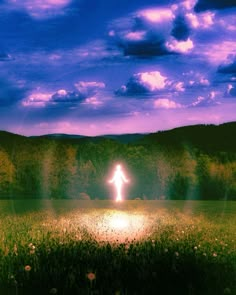 a person standing in the middle of a field under a purple sky with sun beams