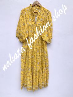 ITEM DESCRIPTION yellow brown floral hand block printed women's long maxi dress - V neckline summer boho dress  Features: 3/4th sleeve, V neck, Long dress Fabric : 100% Cotton Cambric hand block print fabrics  Sleeve Length = 18 inch For more sizes & their measurement, please refer our below chart to understand the sizes variations available with us For your size requirement, please mention your size in seller note at the time of buying. SIZE MEASUREMENT  BUSTLENGTHSHOULDER XXS34 inch51 inch13.5 inch XS36 inch51 inch14 inch S38 inch51 inch14.5 inch M40 inch51 inch15 inch L42 inch51 inch16 inch XL44 inch51 inch16.5 inch 2XL46 inch51 inch17 inch 3XL48 inch51 inch18 inch   Company Return Policy:  Please write for more information to my email directly CHOOSE "ASK SELLER QUESTION" Payment polic Summer Boho Dress, Summer Maxi Dress Boho, V Neck Long Dress, Boho Summer Dresses, Summer Boho, Maxi Robes, Block Printing Fabric, Indian Cotton, Boho Maxi Dress