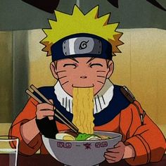 a cartoon character eating noodles with chopsticks