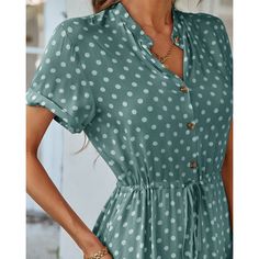 Summer Polka Dot Green Dress Fabric: Cotton Size: S, M, L, XL Multiple Color Selections: Green  Season: Spring, Fall, Summer Casual Polka Dot Short Sleeve Dress, Casual Short Sleeve Polka Dot Midi Dress, Casual Polka Dot Midi Dress With Short Sleeves, Polka Dot Midi Dress With Buttons For Spring, Beach Outfit Casual, Dance Pants Hip Hop, Elegant Casual Dress, Dance Pants, Europe Fashion