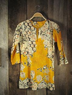 Yellow Asian Print Tunic East Meets West, Shrimp Recipe, Asian Design, Cotton Tunic, Neutral Beige, Print Tunic, Bright Yellow, Quarter Sleeve, Tunics