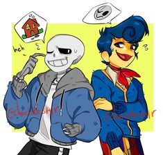 two cartoon characters are standing next to each other, one has a skeleton on his shoulder