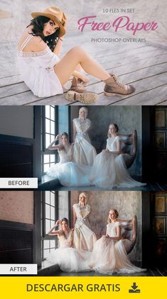 three different photoshopped images with the same woman in white dress and hat, sitting on