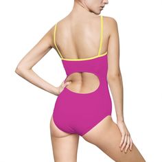 The one piece swimsuit is designed for fashion-consious swimmers. It features a hollowed-out backing. The fabric construction is 83% nylon and 17% spandex. This combination is ideal for displaying the vivid colors of a printed design. There is an elastic component near the chest area. This is designed for extra support. 83% Nylon 17% Spandex. Light fabric (5.01 oz/yd² (169 g/m²)). Cut out at the back. Elastic straps. Runs smaller than usual. XS S M L XL 2XL 3XL Chest Width , in 12.99 13.98 14.96 Get Nauti Bachelorette, Yellow Swimsuits, Swimmers, One Piece For Women, Printed Design, Women Swimsuits, Womens Swimwear, One Piece Swimsuit, Light Fabric