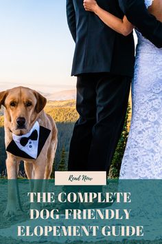 a man and woman standing next to a dog wearing a tuxedo