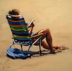 a painting of a person sitting in a beach chair reading a book