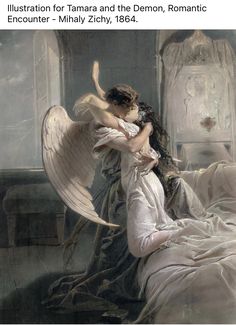 a painting of an angel hugging a woman in bed with the caption illustration for tamara and the demon, romantic encounter - mary zichy, 1876