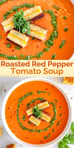 roasted red pepper tomato soup with croutons and basil