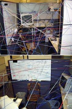 two pictures of an office cubicle with wires all over it