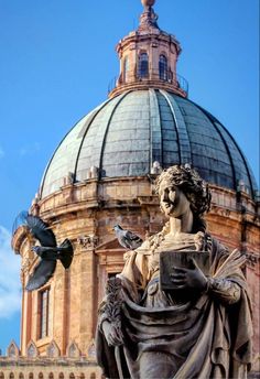 a statue in front of a domed building with a bird flying near by on a sunny day