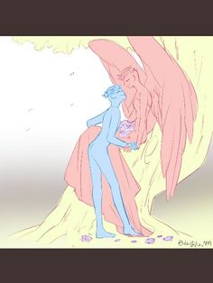 a drawing of an angel hugging a man