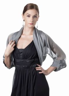 "Gorgeous sheer bolero jacket, with a loose-fitting silhouette is made of finest 100% silk iridescent chiffon. It has luxurious details such as wide soft folds attached to the bolero's edges. The long sheer sleeves are adorned with lovely silk rosettes and black diamond Swarovski crystal, which gives this formal jacket a truly glamorous effect. This design will greatly appreciated by PLUS SIZED ladies. This Jacket has loose silhouette. One size fits two. XS-S: 32,5-34\"x25-26,5\"x34,5-36\" Bust Formal Bolero, Moda Kimono, Chiffon Jacket, Wedding Shrug, Crochet Shrug Pattern, Mode Kimono, Lace Bolero, Shrugs And Boleros, Dress With Shawl