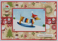 a christmas card with a dog on a sled