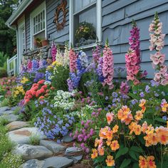 colorful flowers line the side of a house