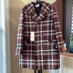 Brand New Gucci Check Patterns % Wool Double Breasted Gucci Bottoms, Two Pockets, Left Hand Sleeve With Gucci Patch. Bug Gucci Gg Patterns Inside! It Is A Stunning Coat! Kids Size 12 Fits Lady Size Loosely! Oversized Look! Beautiful Gucci Wool Long Sleeve Blazer, Classic Gucci Wool Blazer, Gucci Tailored Wool Blazer, Gucci Long Sleeve Wool Blazer, Tailored Gucci Wool Blazer, Tailored Wool Gucci Blazer, Elegant Brown Gucci Outerwear, Tailored Gucci Outerwear With Button Closure, Tailored Gucci Blazer For Fall