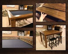 a collage of photos showing different types of tables and stools, including a pool table