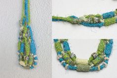 two pictures of different necklaces made with yarn and beads, one is green and the other is blue