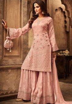 peach georgette satin heavy embroidered sharara style pakistani suit 29001 Gharara Designs, Embroidered Sharara, Sharara Designs, Peach Art, Indian Designer Suits, Sharara Suit, Indian Bridal Dress, Kurti Designs Party Wear