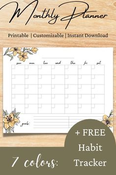 the free printable floral planner is shown on a wooden background with text that reads,