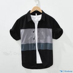 OrcaJump - Camisa relajada de algodón de manga corta con bloques de color y parches Colorblock Shirt, Style Cardigan, Lapel Collar, Types Of Collars, Workout Shorts, Black Shirt, Color Blocking, Cotton Blend, Short Sleeves