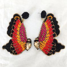 Multicolor Butterfly Earrings For Party, Handmade Black Butterfly Jewelry, Handmade Wing-shaped Jewelry For Party, Butterfly Shaped Beaded Jewelry For Party, Butterfly Wing Earrings, Black Wings, Handmade Beauty Products, Wing Earrings, Native American Beading