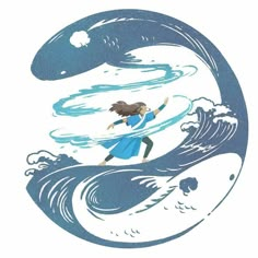 a drawing of a woman surfing on top of a wave in the ocean with her arms outstretched