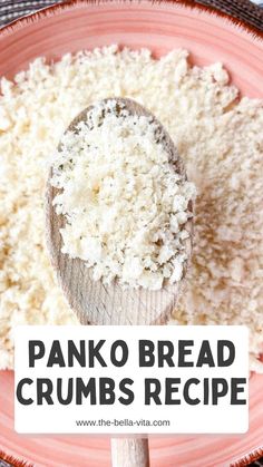 a pink plate topped with rice and a wooden spoon next to the words panko bread crumbs recipe