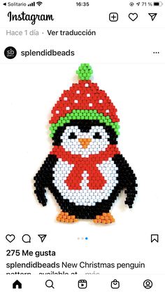 the penguin is wearing a red and green hat