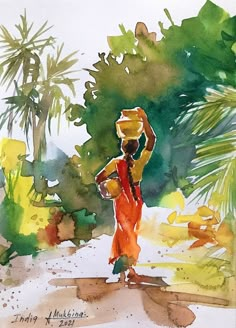 a watercolor painting of a woman in an orange dress walking down a street with palm trees behind her