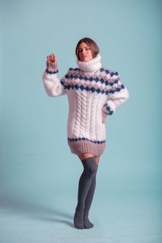 Cozy Hand Knitted Winter Sweater Dress, Cozy Mohair Sweater For Winter, Cozy Hand Knitted Sweater Dress For Winter, Mohair Long Sleeve Sweater For Cold Weather, Winter Long Sleeve Fair Isle Knitting Pattern, Long Sleeve Mohair Sweater For Cold Weather, Cozy White Long Sleeve Knitting Pattern, Winter Mohair Sweater With Fair Isle Pattern, Mohair Sweater With Fair Isle Pattern For Winter