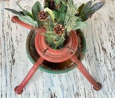 a potted plant with pine cones and greenery in it on a wooden table