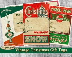 three vintage christmas gift tags on a wooden table