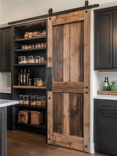 Rustic Kitchen Pantry with Barn Door Kitchen Pantries Barn Door, Barn Door Stain Colors Pantry, Pantry With Barn Door, Pantry With Stained Wood Shelves, Rustic Kitchen Pantry, Dream Pantry Barn Door, Cabin Pantry, Sliding Door Pantry, Barn Door Pantry Kitchens Rustic