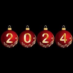 three red christmas balls with the numbers 2012 and 2013 in gold lettering on black background